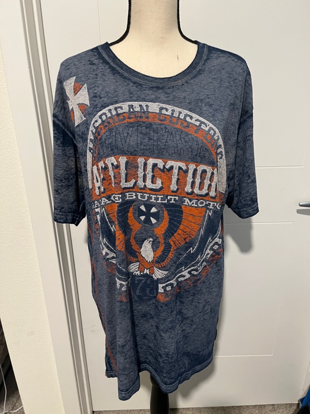 Affliction Burnout Navy Blue Orange Graphic Short Sleeve T-Shirt Eagle Cross